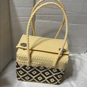 Elegant handmade from recycled plastic Woven Handbag in Black and Cream. NWOT